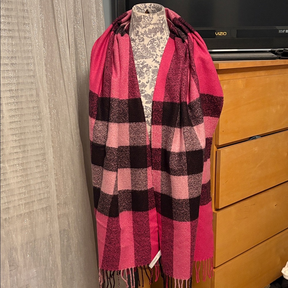 Talbots Pink and Black Metallic Glitter Plaid Scarf